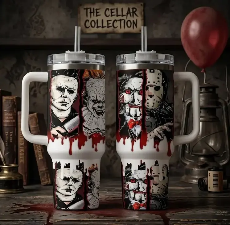 [ Gift box and straw]Halloween Horror 40oz Stainless Steel Tumbler, Michael Myers Pennywise Jason Voorhees Blood Drip Design, Perfect Gift for Horror Fan