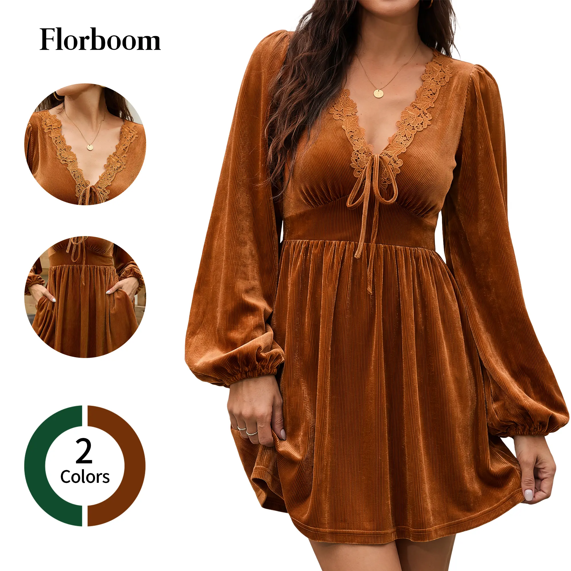 Florboom Women's Velvet Mini Dress, Lace V Neck Long Sleeve Empire Waist Swing Dresses, Tie Front Boho Sun Dress for Fall Autumn, Date Night, Casual Party, Brunch Outfit, Trendy Outfits Solid Color Dress Womenswear