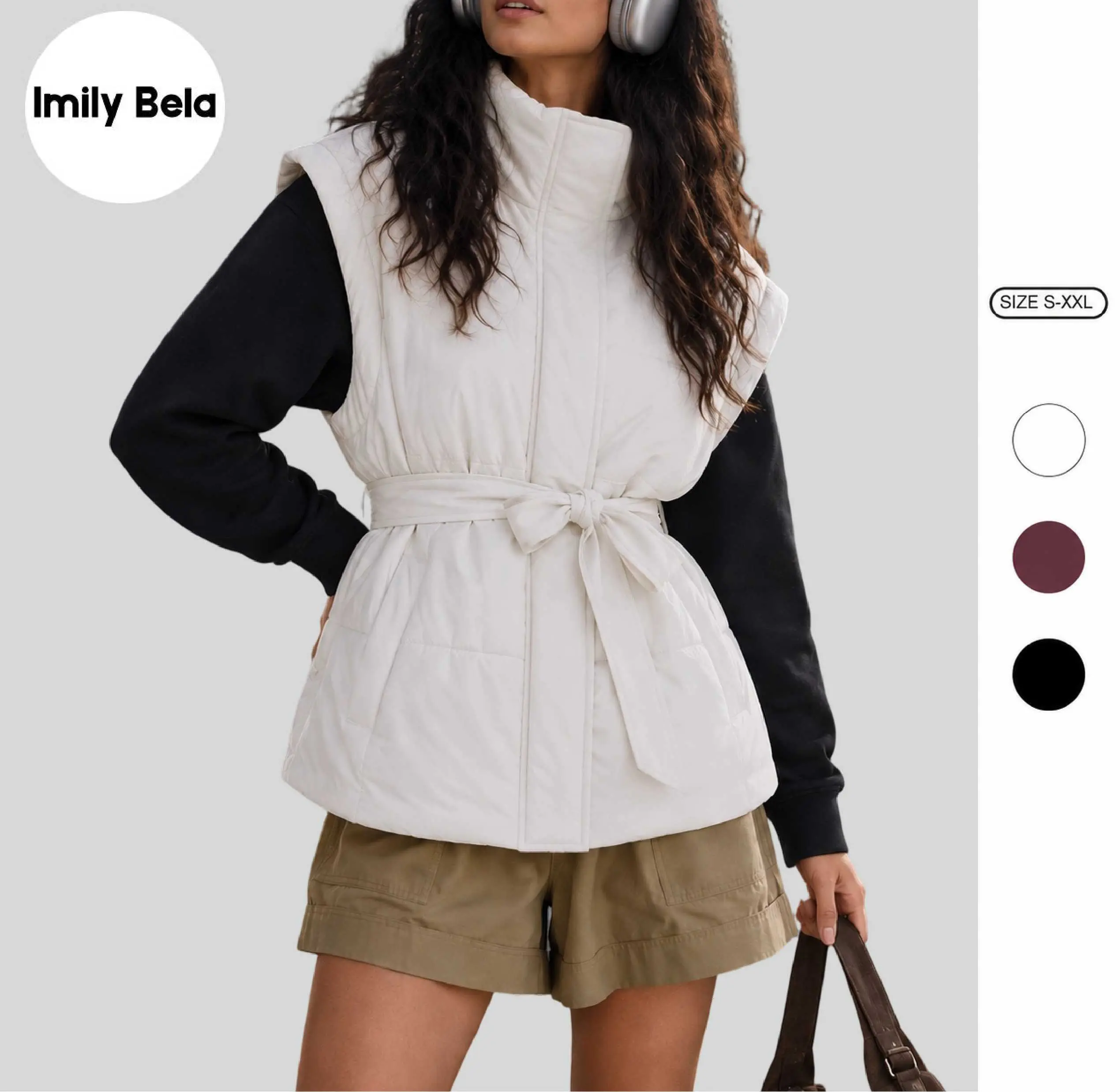 Imily Bela Women’s Oversized Belted Puffer Vest, Stand Collar Sleeveless Quilted Padded Jacket, Warm Casual Fall Winter Outerwear