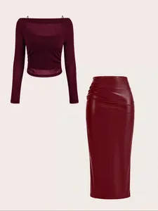 Women's Solid Color Cami Top & Cover Up Long Sleeve Tee & PU Skirt Three-piece Set, Chic Casual Fashion Three-piece Outfits for Daily Outdoor Wear, Ladies Clothes for All Seasons, Womenswear