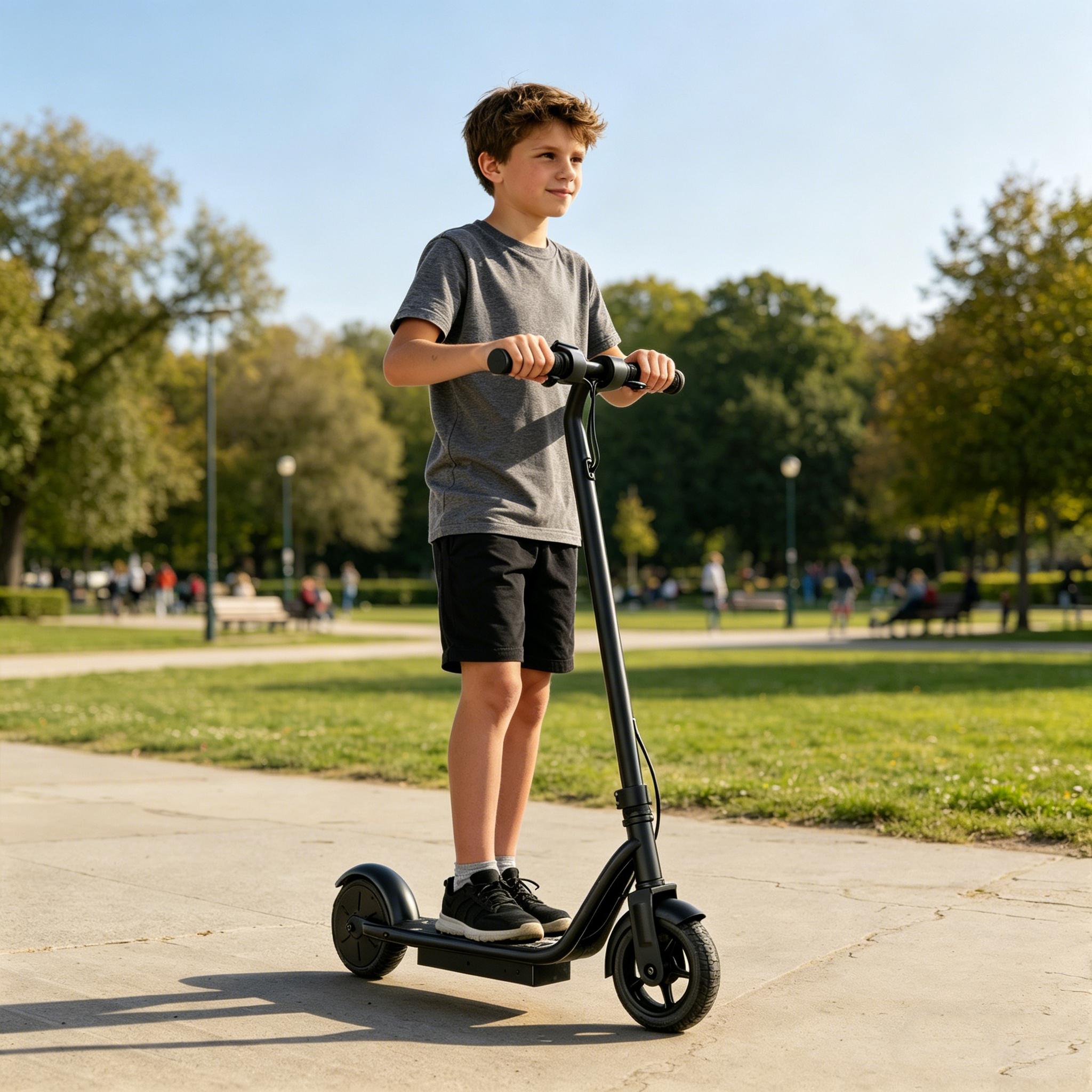 A Kids Electric Scooter with 250W Motor 3 Speed Modes Up to 9 MPH 6.5" Solid Tires Lightweight Safe Stable Ride for Boys Girls Outdoor Fun