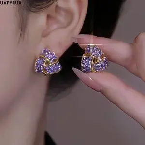 2 pair/set Purple Crystal Hoop Earrings 14K Gold Plated Sparkling Rhinestone Statement Earrings for Women