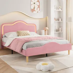 GAOMON Full Size Upholstered LED Bed Frame with Adjustable Headboard and Footboard, Velvet Princess Platform Bedframe for Kids/Girls, Wooden Slats Support, No Box Spring Needed, Easy Assembly, Pink