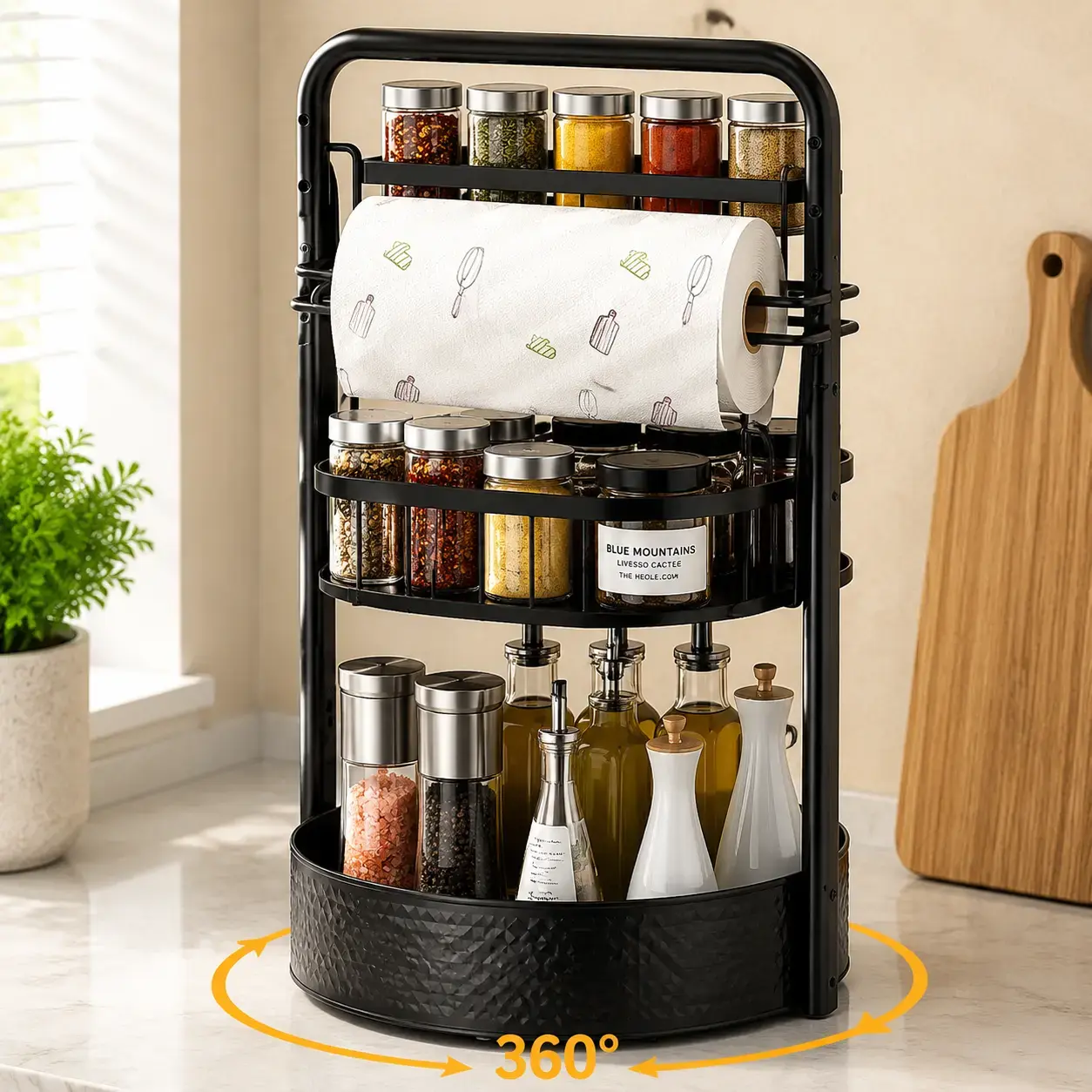 2-Layer Durable Metal Spice Rack Organizer - 360 Swivel Lazy Susan Turntable with Paper Towel/Tissue Holder, Portable Carry Handle, Adjustable Olive Bottle Racks & Displays, Waterproof Dual-Compartment for Kitchen Countertop-Cabinet Storage