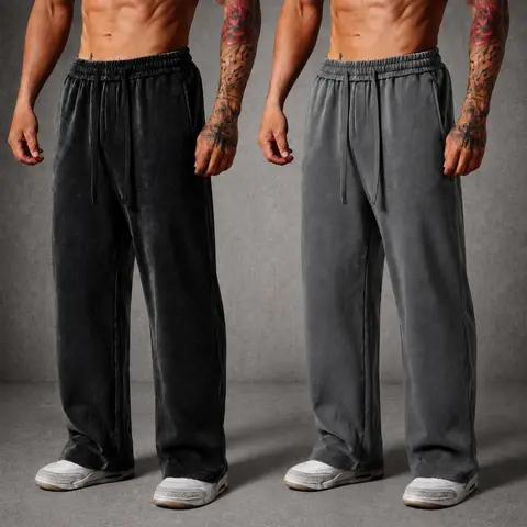 Men's Cozy Warm Cotton Acid-Wash Straight-Leg Sweatpants - Mens Clothing, Elastic Drawstring Waist, Loose Soft Athleisure Pants for Autumn/Winter & All Season Use