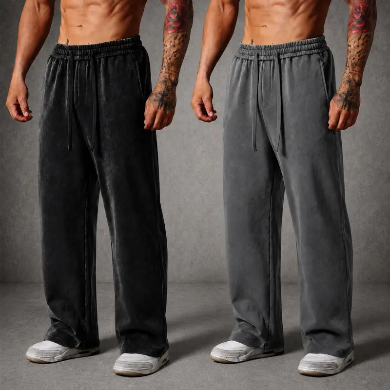 Men's Cozy Warm Cotton Acid-Wash Straight-Leg Sweatpants - Mens Clothing, Elastic Drawstring Waist, Loose Soft Athleisure Pants for Autumn/Winter & All Season Use