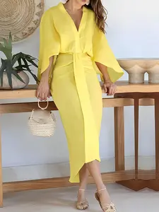 Plus Size Bell Sleeve Dress, Elegant Midi A-Line Office Wear Formal Wear, Casual, Slimming Irregular Hem, Waist Ruched, Professional OL Style