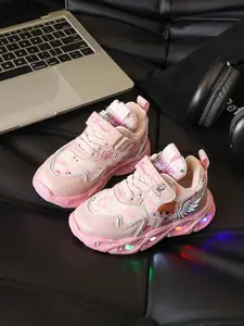 New Girl's LED Light-Up Sports Shoes, Cartoon Princess Design, Casual PU Leather Sneakers, All-Season Comfortable Kids' Footwear, Trendy Trainers