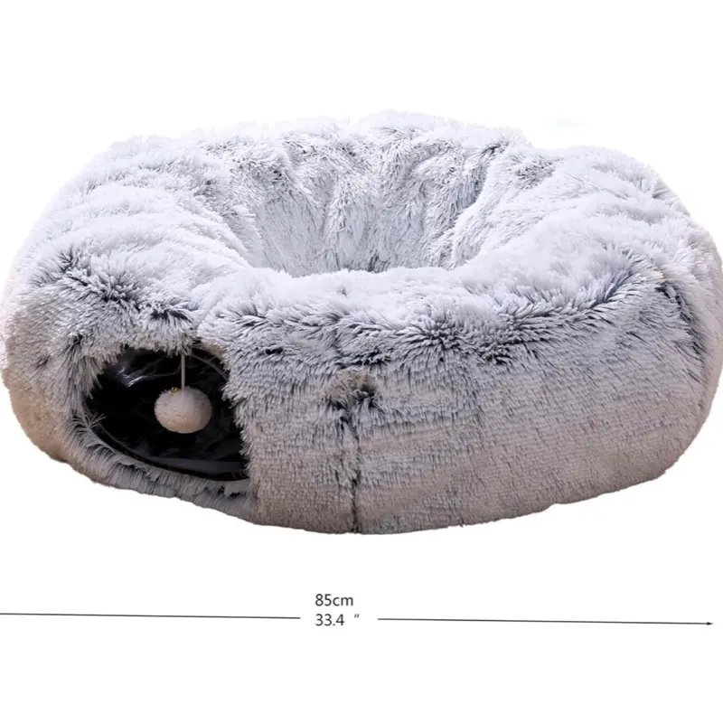 PAWFECT 2-in-1 Plush Cat Tunnel Doughnut Bed | Cozy Hideaway Cave with Interactive Pom-Pom Toy | Ultra Soft Washable Cat Nest | Grey or Blue
