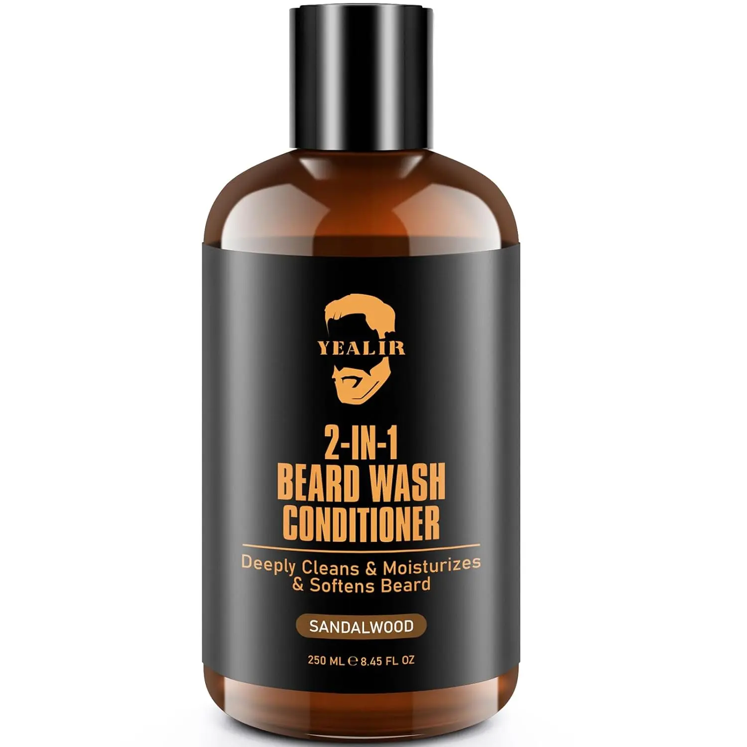 YEALIR 2-in-1 Beard Wash and Deep Conditioner with Argan Oil & Hyaluronic Acid for Facial Hair Growth and Anti-Dandruff, Sandalwood Scent for Dry Coarse Beards, 8.45 oz, Daily, Frizz Control, Male, Any, Adults, Scented Clean, Sandalwood Fresh, 250Ml, Arga