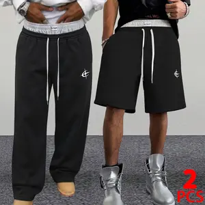 Men's 2-Piece Black Menswear Sweat Set, Elastic Waist Pants & Shorts, Contrast Drawstring, Logo Detail, Soft Fabric, Ideal for Streetwear & All-Season Styling, 2-Piece Set 1
