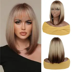 Ombre Blonde to Brown Straight Bob Wig with Fringe | Synthetic Short Bob Wig for Daily & Cosplay