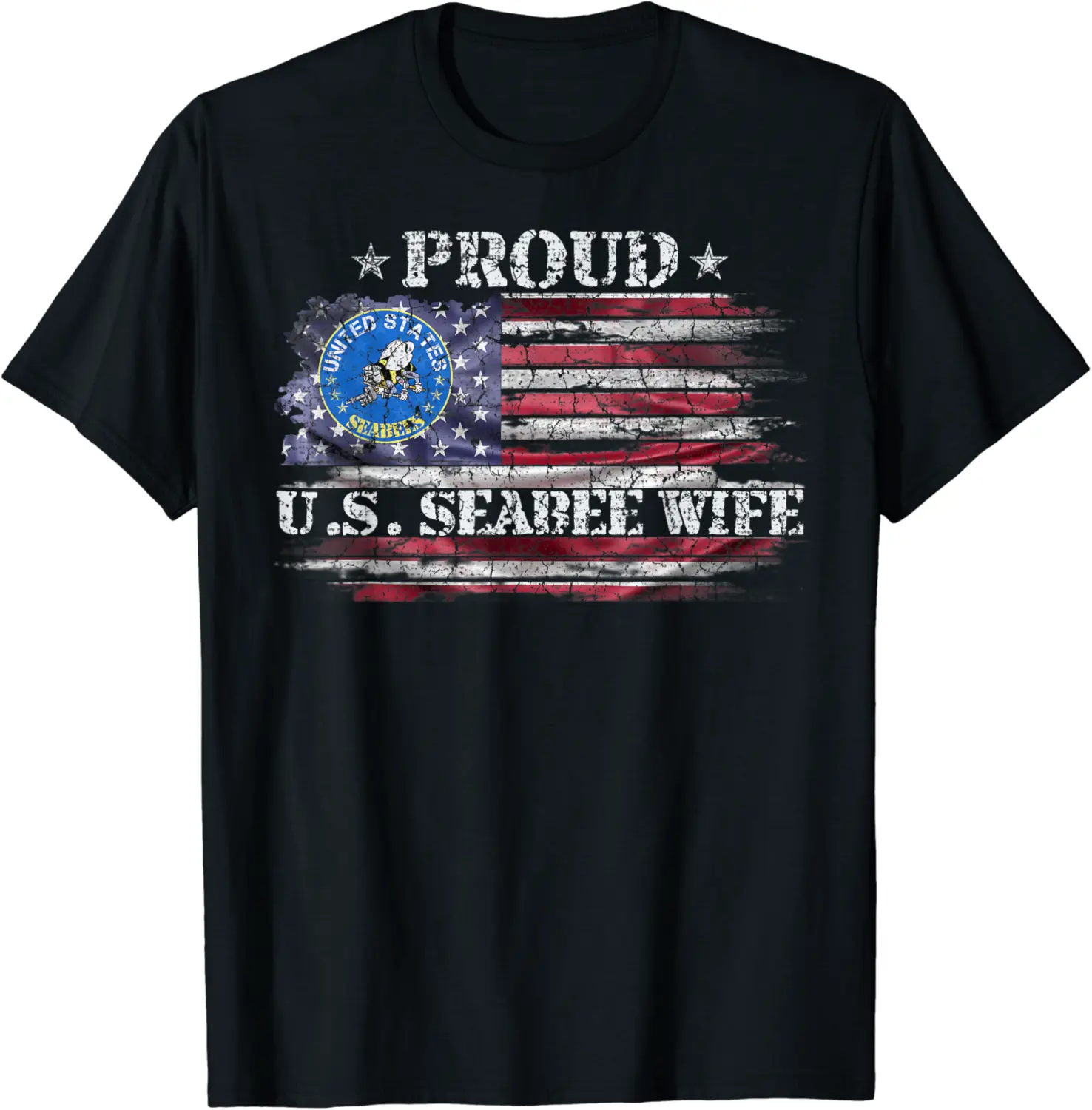 Vintage USA American Flag Proud US Seabee Veteran Wife Funny T-Shirt - Prudencekto Shop 51B09MWD5CM9