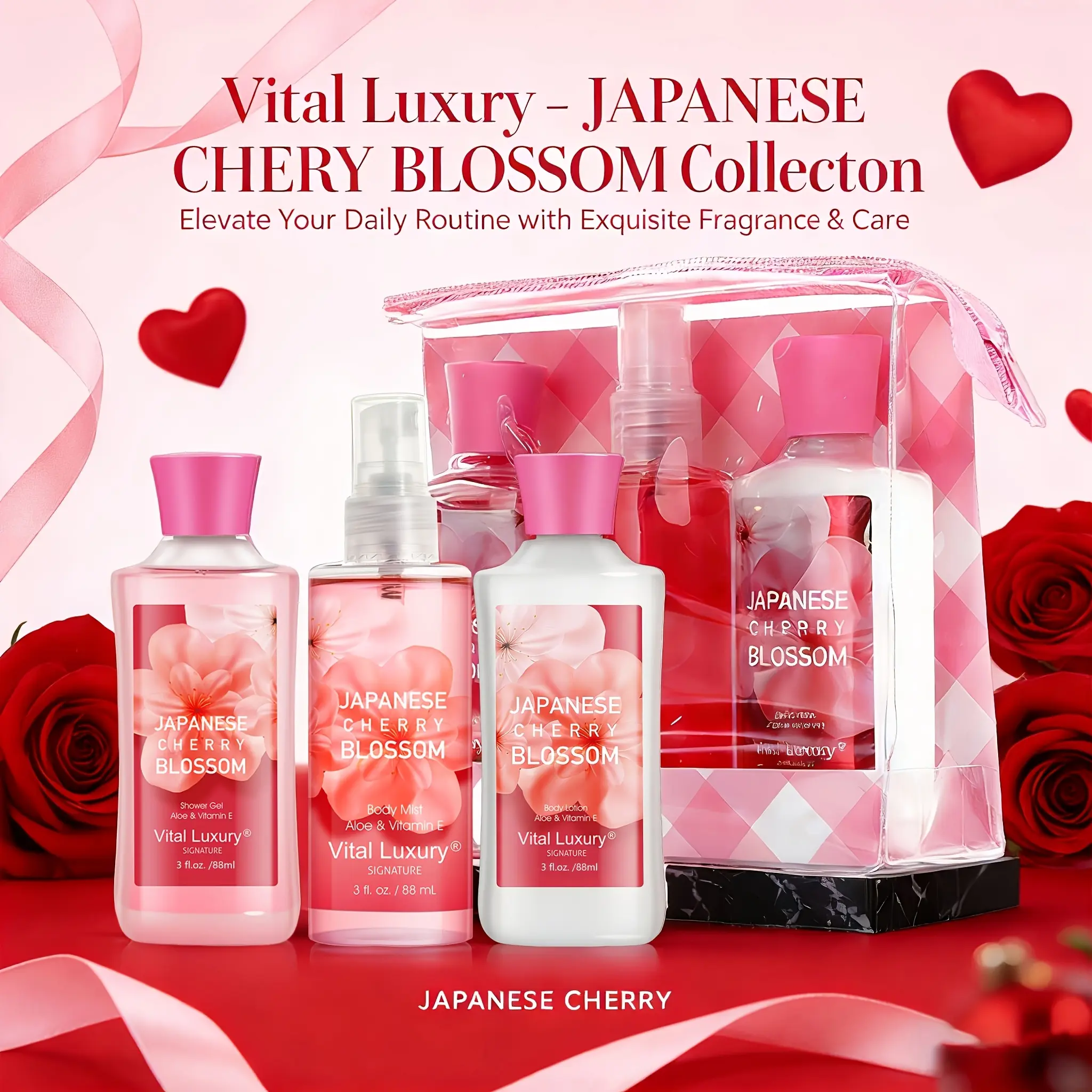Vital Luxury Christmas And Holiday Season Gifts! Cherry Blossom Fragrance Set | Shower Gel And Body Lotion And Fragrance Spray And Hand Cream | Luxurious Lather, Eliminates Odours, Moisturises And Refreshes | The Perfect Gift for Mum, Your Wife, Sister