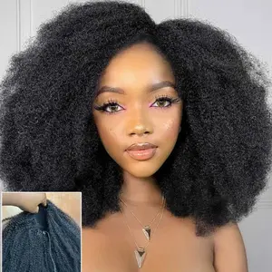 European American Half Wigs Kinky Curly 100% Human Hair 200% Density Natural African American Hair Afro Curly Drawstring Design Breathable Cap Design