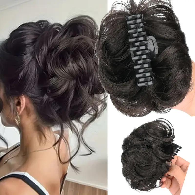 Missqueen Large Messy Bun Hair Piece Wavy Curly Scrunchies Human Hair Chignon Ponytail Hair Extensions Thick Updo Hairpieces for Women Claw Clip Ponytail Extension Natural Black Hair Clips for Women