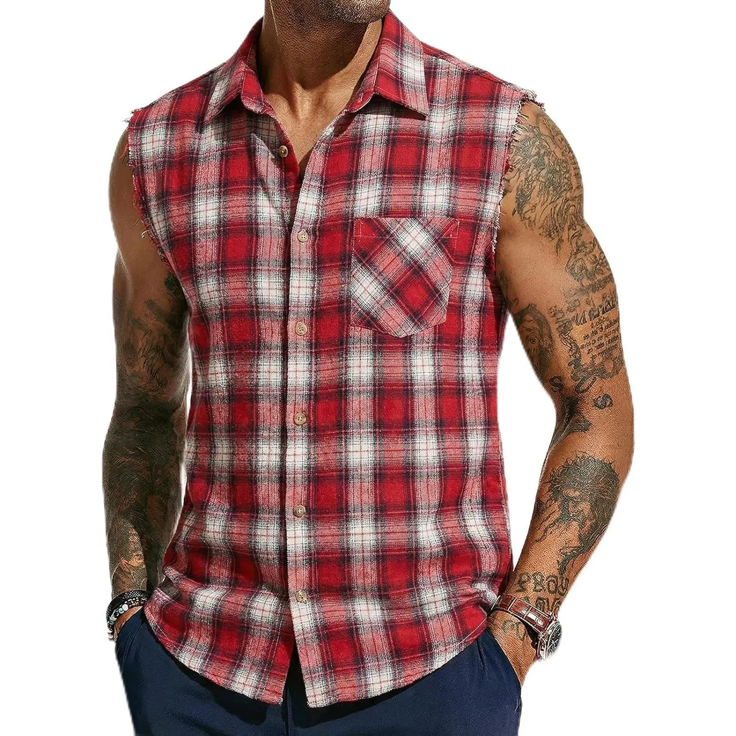 Runcati Men's Sleeveless Plaid Cotton Button-Down Casual Vest Shirt with Pocket, Soft Fabric, Ideal for Cosplay, Pair with Jeans or Tank Tops, Menswear, Shorts