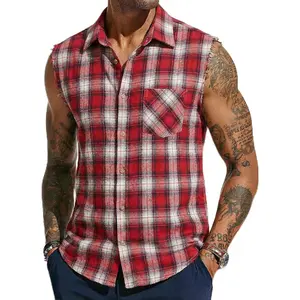 Runcati Men's Sleeveless Plaid Shirts Button Down Casual Flannel Cowboy Vest Shirt Cotton Tops with Pocket