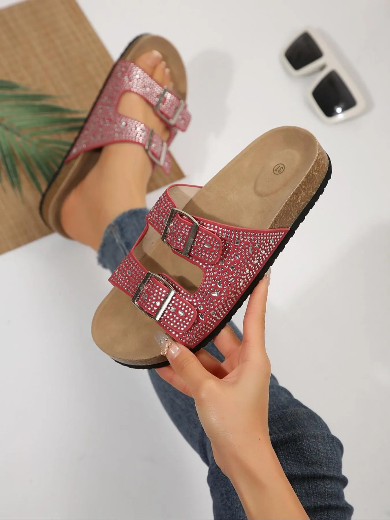 Women's Fashionable Rhinestone Decorated Slide Sandals, Casual Comfortable Flat Sandals for Summer, Lightweight Breathable Shoes for Daily Wear, Girl, Footwear, Summer Style Sandals, Strapy Sandal