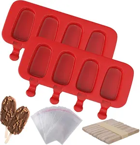 2 Pack Popsicles Molds, Homemade Cake Pop Molds Cakesicle Molds Silicone Popcical Molds, 4 Cavities Ice Pop Cream Molds Maker with 50 Wooden Sticks & 50 Popsicle Bags for DIY Popsicles