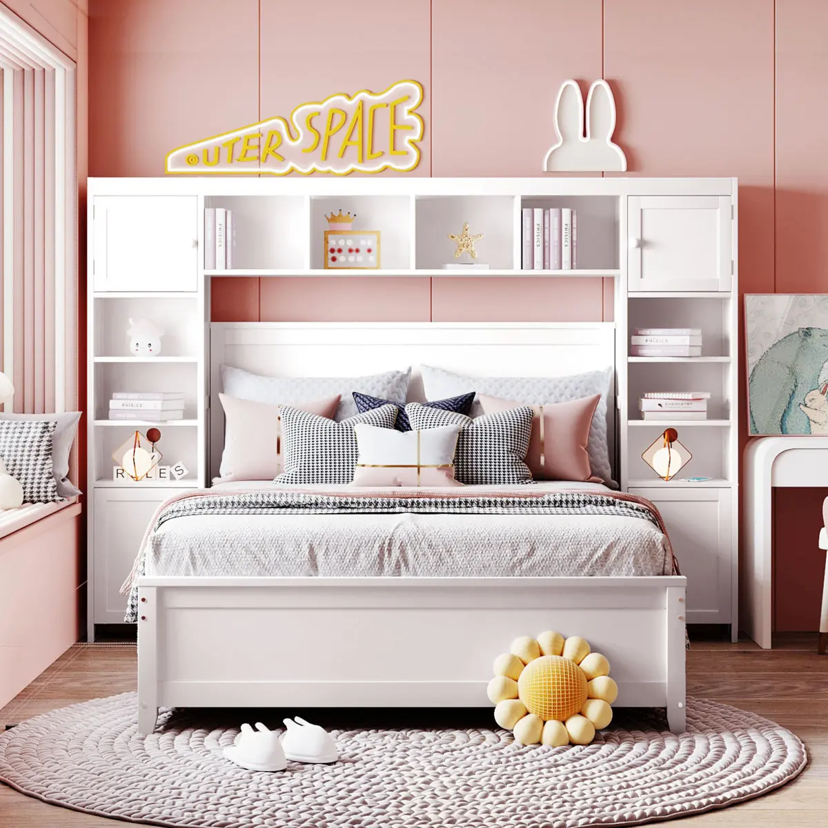 Full Size Platform Bed with Bookcase Headboard and Storage Drawers, Solid Wood Bed Frame with Cabinet and Bookshelf,for Teens Adults, No Box Spring Needed