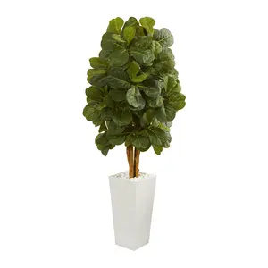Nearly Natural 5' Fiddle Leaf Faux Tree in White Tower Planter