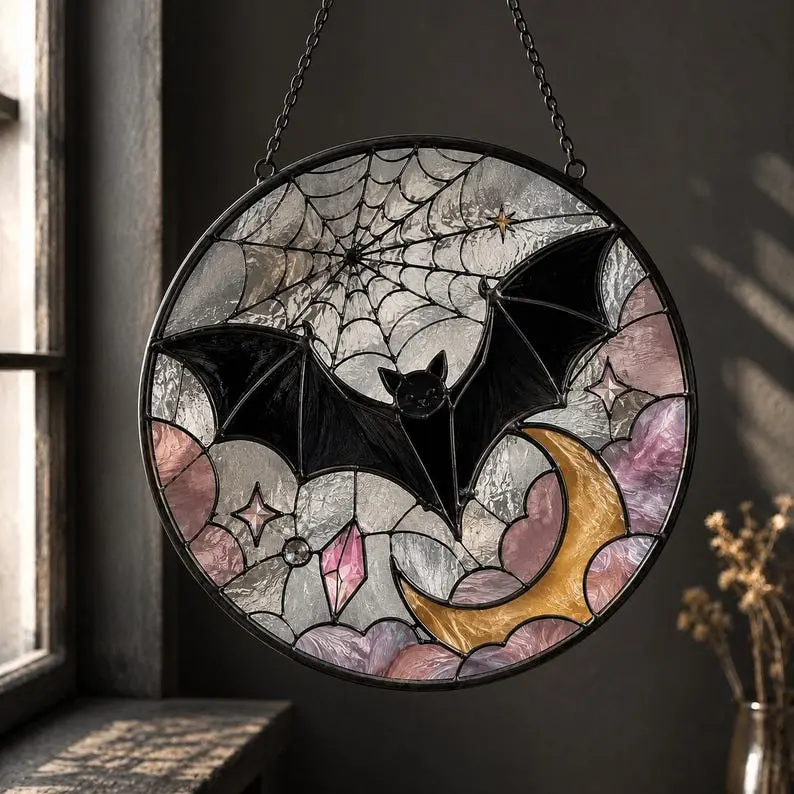 Bat Stained Glass Suncatcher, Gothic Halloween Window Decor, Bat Window Hanging, Spooky Home Decoration, Witchy Halloween Gift for Bat Lovers