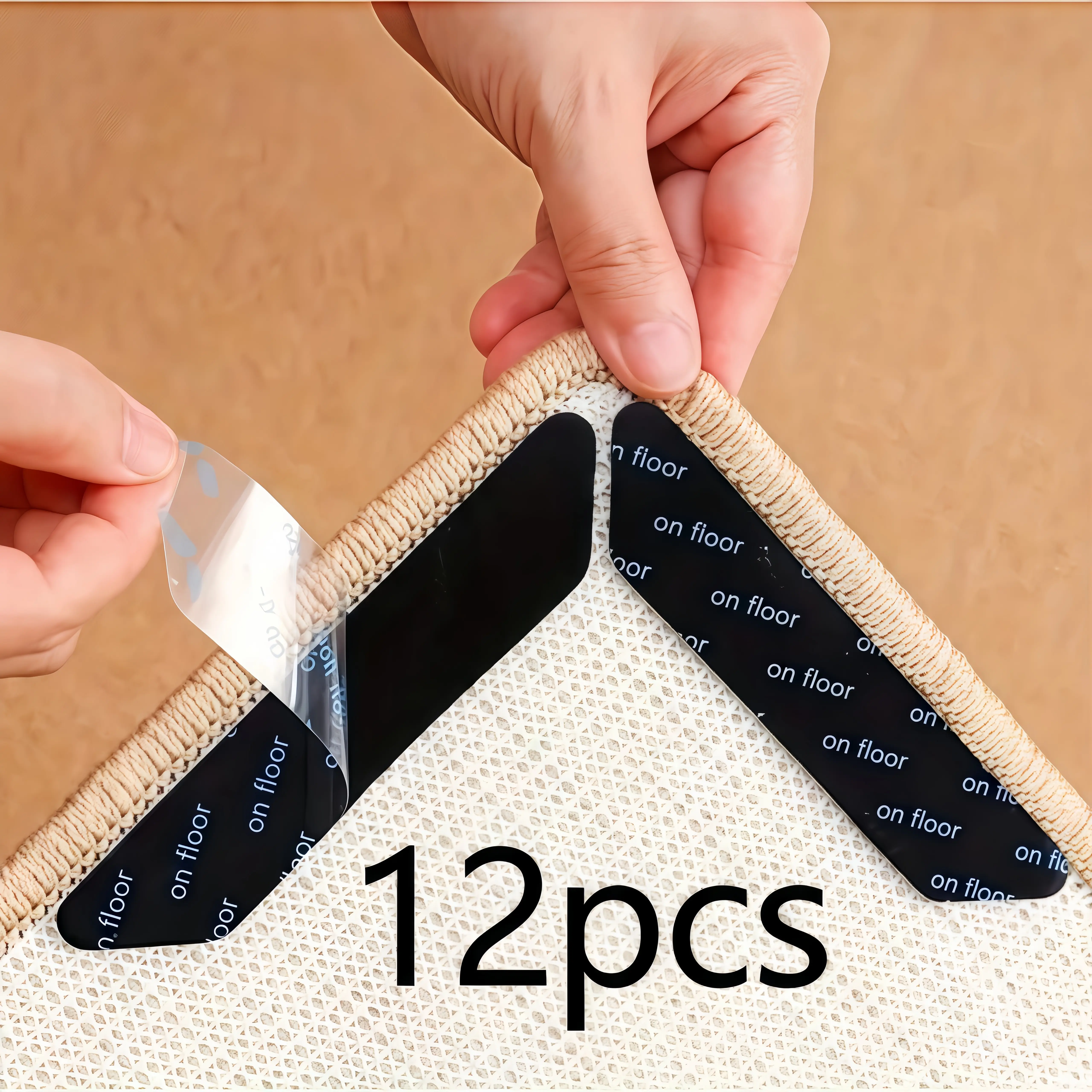 12Pcs Rug Grippers, Non-Slip Adhesive Rug Stoppers for Hardwood Floors & Tile, Reusable Renewable Carpet Corner Grippers to Keep Rug Corners Flat, Anti-Slip Rug Pads for Home Use