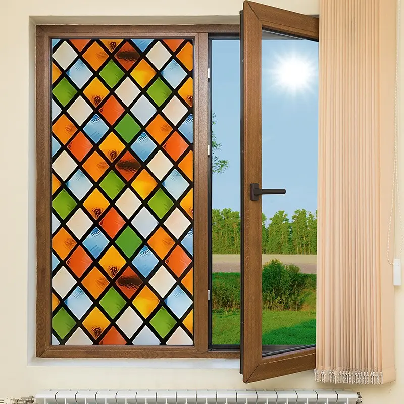 2D Retro Rhombus Geometric Pattern Modern Glass Stickers, Removable PVC Static Window Decals, Home & Commercial Use, Elegant Style