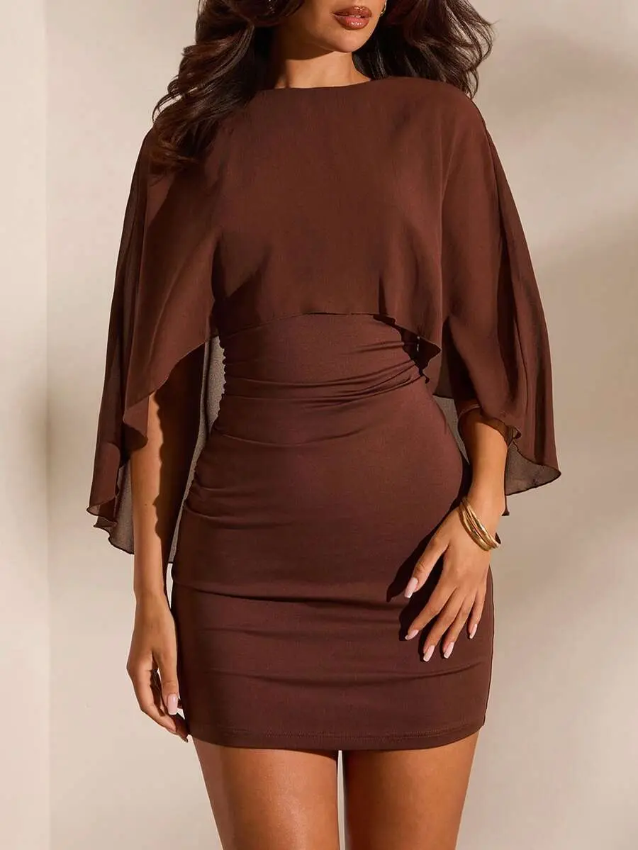 Women's Solid Color Coffee Brown Mini Dress,Elegant Autumn Night Out Mermaid Bodycon Dress,Bohemian Western Style Casual Party