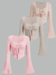 Autumn Winter Square Neck Slimming Micro Flare Long Sleeve Solid Color Fashion Short Top, Chest Drawstring Design, Women's Clothing Set of Three, Fit