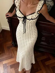 Women's American Style Polka Dot Slim Fit Dress, Strapless Lace Trimmed Peter Pan Collar, Elegant Casual Daily Wear, Vintage Soft Style Chic