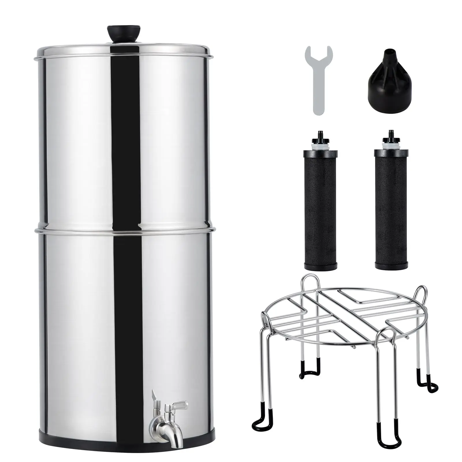 Garvee 304 Stainless Steel Gravity Water Filter System with 2 Black Carbon Filters and Anti-Slip Stand, Chlorine and Lead Reduction, 2.25Gallon Countertop System