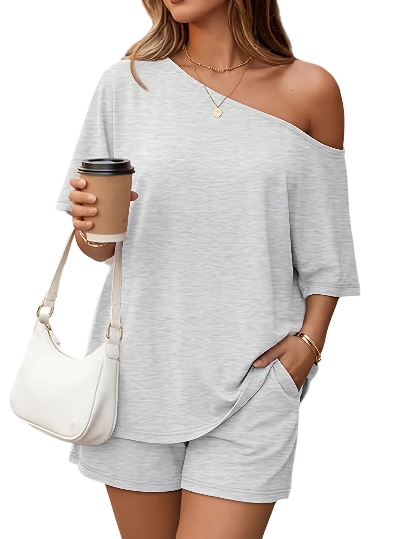 Women's 2-Piece Oversized Off-Shoulder Outfit - Soft Fabric Casual Short Sleeve Top, High Waist Shorts with Pocket, Loose Fit Loungewear for Everyday Chic Asymmetric Womenswear Clothes