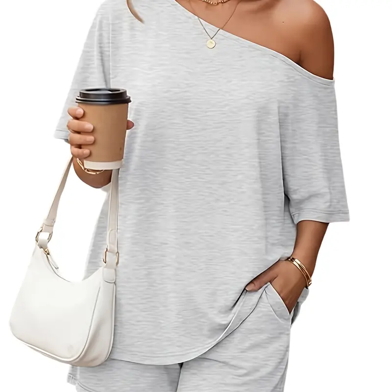 Women's 2-Piece Oversized Off-Shoulder Outfit - Soft Fabric Casual Short Sleeve Top, High Waist Shorts with Pocket, Loose Fit Loungewear for Everyday Chic Asymmetric Womenswear Clothes