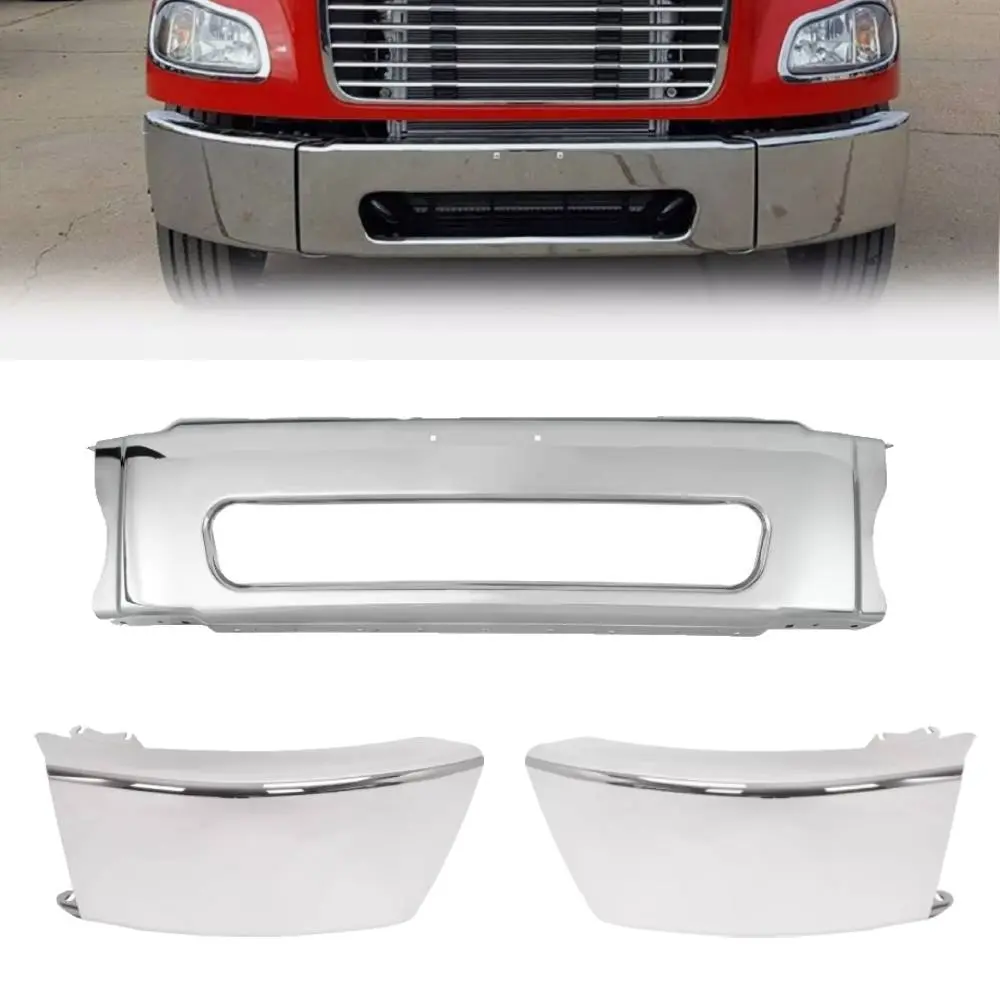 TORQUE Stainless Steel Chrome Center Bumper & 2 Corner Bumpers 3-Piece Auto Replacement Parts, Vehicle OEM Match Fits 2003-2021,2022-2024 Freightliner M2 106 112 Business Class Trucks (TRB371400C + TRB371101CP)