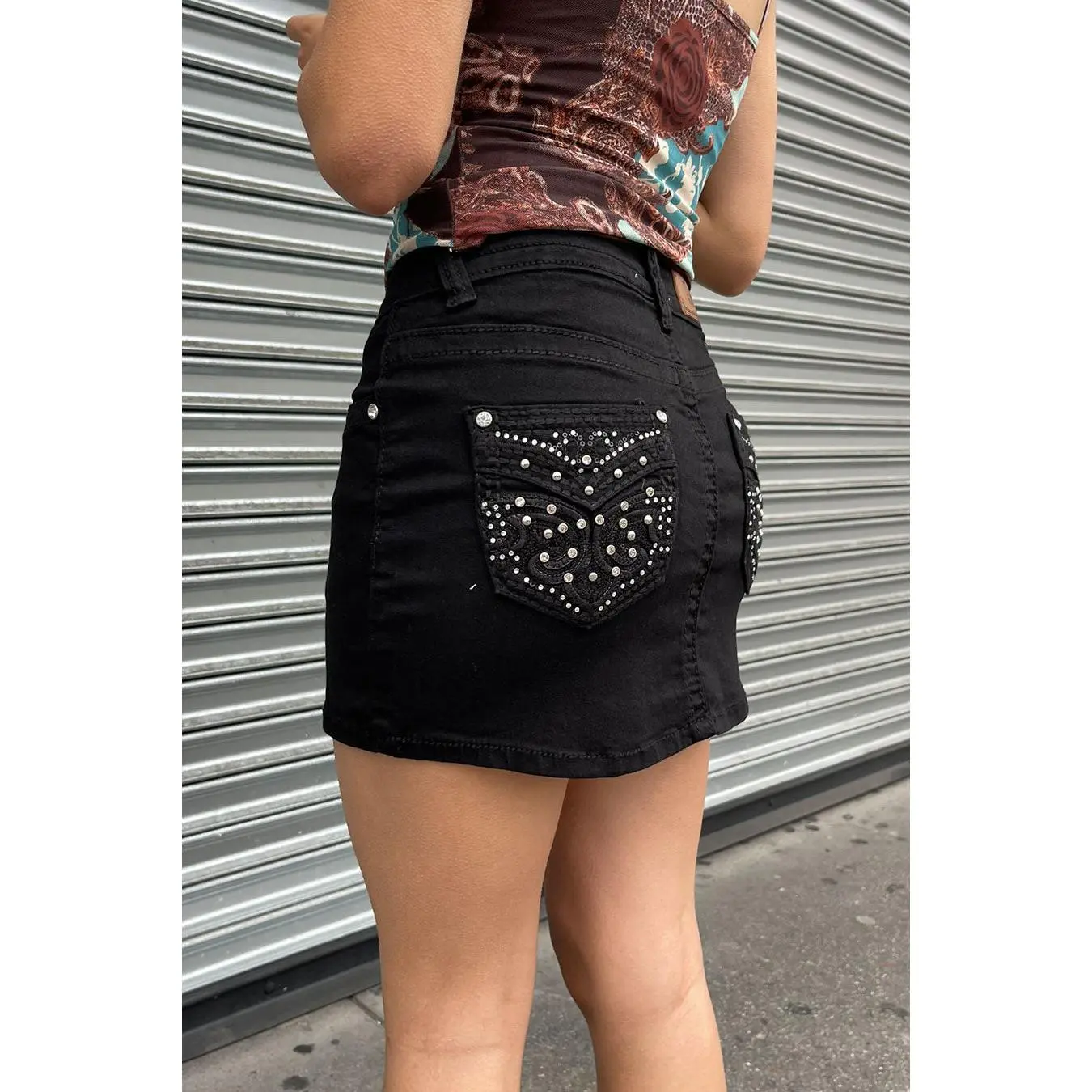 2000s Bedazzled Rhinestone Black Denim Mini Skirt