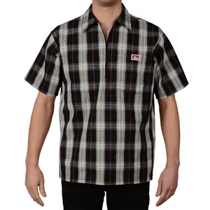 Ben Davis Men's Short-Sleeve Collared Checked Half-Zip Workwear Shirt - Fitted Black & Cream Plaid Cotton-Polyester Blend Fabric, Chest Pockets, Zipper Pencil Pouch, Stylish Menswear Top, Shortsleeve
