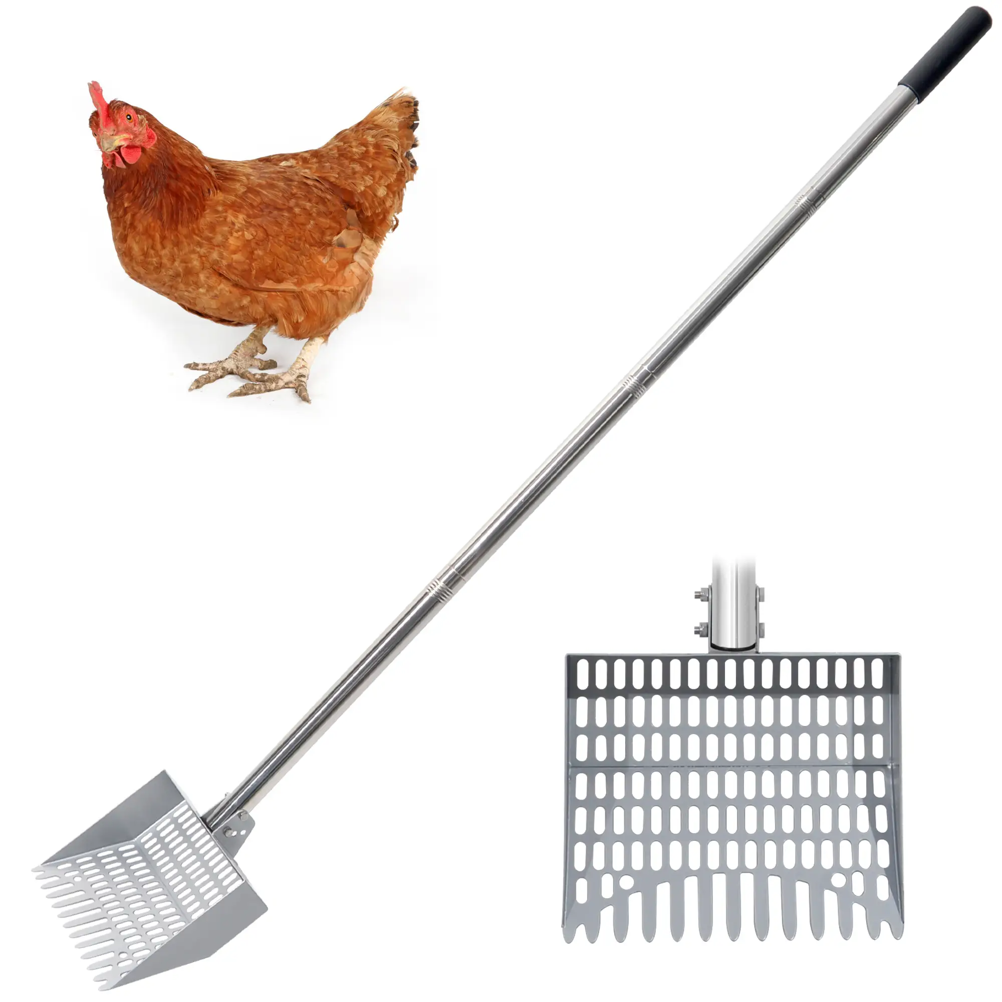 CKLT Chicken Poop Scooper Durable Metal 38 to 66" Adjustable Long Sifting Shovel for Chicken Coop Cleaning No Bending