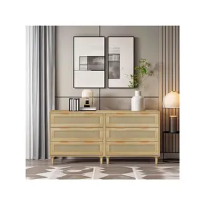 3-Drawers Rattan Storage Cabinet Rattan Drawer (Set Of 2), Chest Of Drawers For Bedroom,Living Room,Dining Room,Hallways,Oak