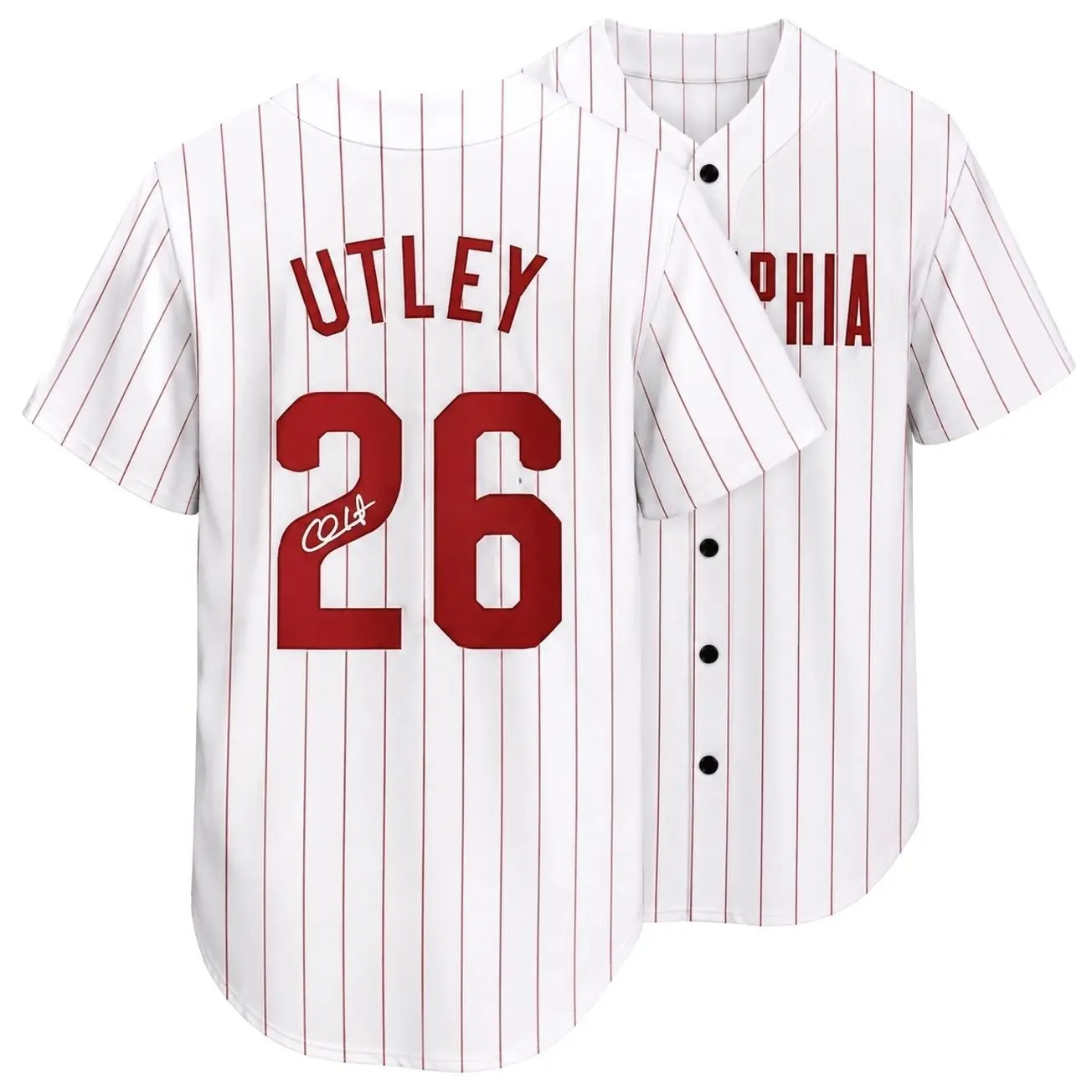 All-over Print Baseball Jersey Without Piping, White Red Pinstripe Baseball Uniform, Utley #26 Facsimile Autographed Sports Fan Jersey Y