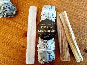 Orgonite Andy Energy Cleansing Set - Smudge Kit with White Sage Palo Santo & Selenite Wand for Home Office Meditation Spaces - Aroma
