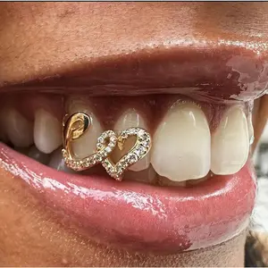 Double heart-shaped copper micro-inlaid zircon hip-hop teeth grills, personalized dental jewelry Gold