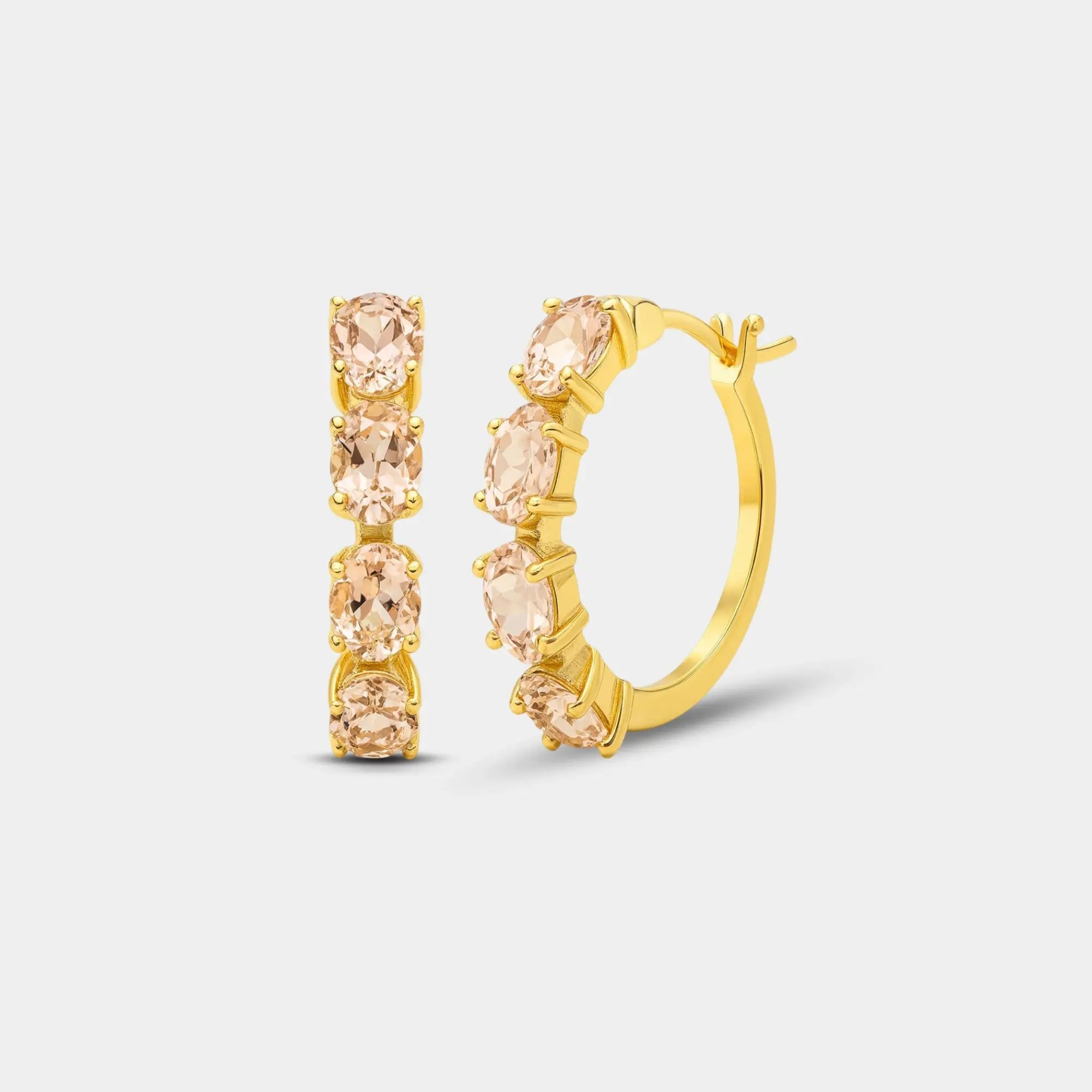 Oval Morganite Hoop Earrings | 18K Gold-Plated Silver Pink Gemstone Gift for Her