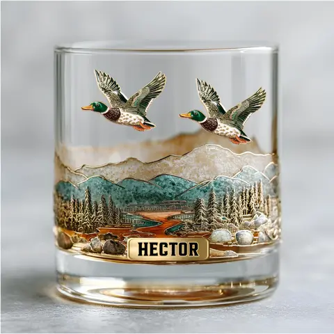 Personalized Duck Hunting Whiskey Glass, Custom Name Bourbon Rocks Glass, Flying Mallard Ducks Mountain Lake Engraved Scotch Glass, Waterfowl Hunter Gift for Dad, Men