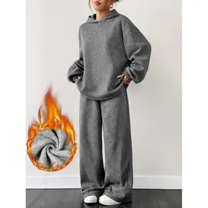 2pcs Set Oversized Drop Shoulder Thermal Lined Hoodie And Wide Leg Sweatpants In Gray