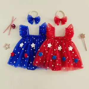 Imcute Infant Baby Girls Independence Day Romper Dress Flying Sleeve Star Embroidery Mesh Bodysuit with Headband 4th of July Clothes