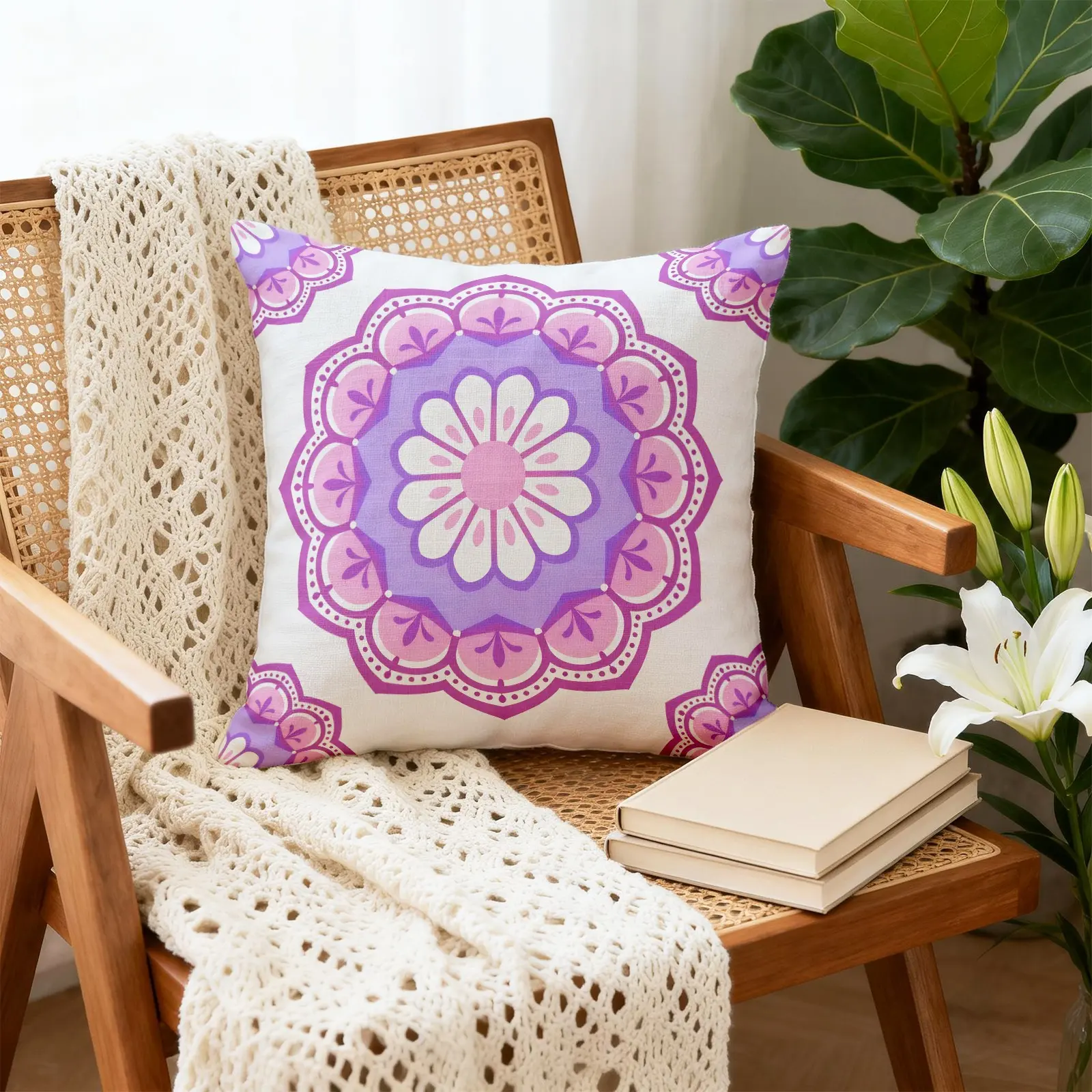 Bohemian Mandala Throw Pillow, Retro Ethnic Style Design, Fluffy Thick Durable, Suitable for Bedroom Sofa Cushion Placement (With Pillow Insert)