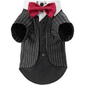 Dog Tuxedo Suit, Formal Dog Shirt Costume Wedding Attire with Black Bow Tie, Pet Outfit for Small Dogs Cats (Black Stripe&Red Tie, Medium(8-13lb))