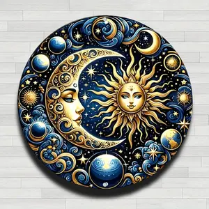 2D Flat,1pc Celestial Sun Moon Cosmic Galaxy Bohemian Vintage Rustic Aluminum Metal Round Wall Sign - 8in Indoor Outdoor Gifts and Decor for Home, Office, Cafe & Yard metal wall sign Vintage Metal Tin Sign home decor plaque funny bar sign